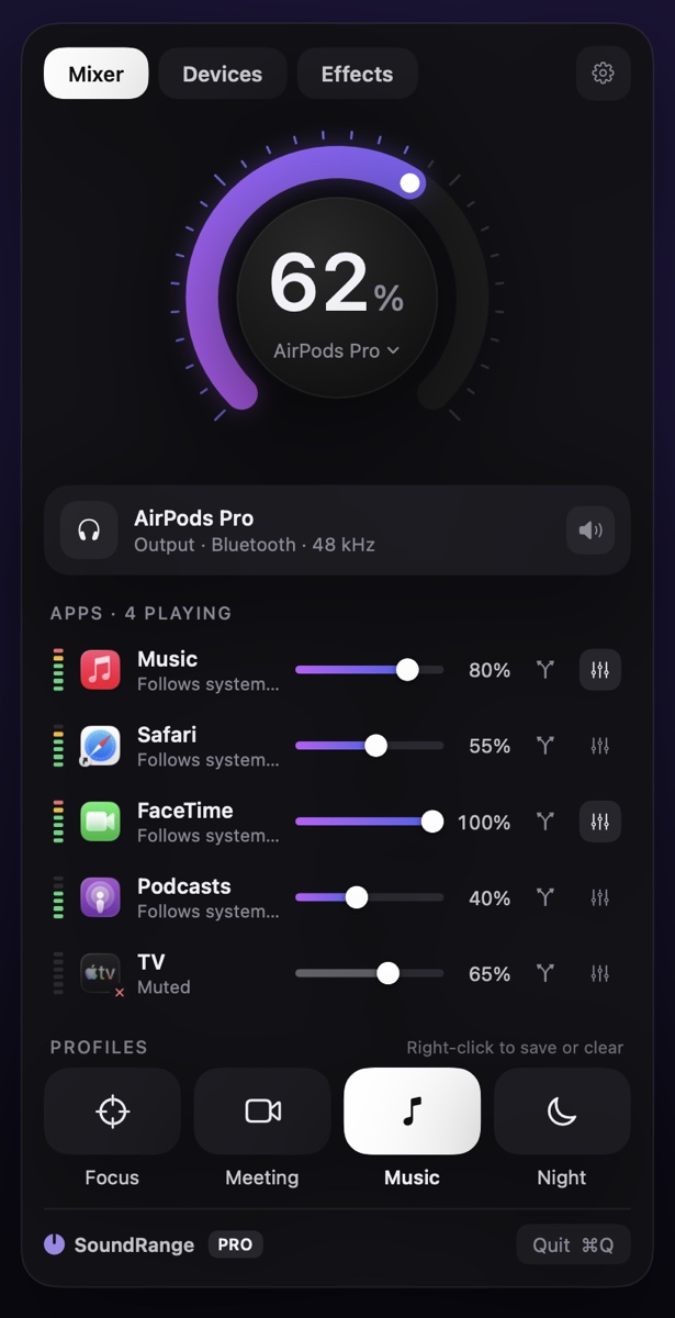 The SoundRange window under the menu bar, with volume sliders for Music, Safari, FaceTime, Podcasts and TV.